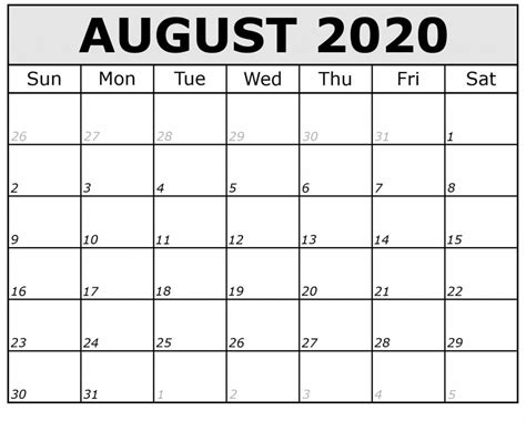 August Calendar Template Free