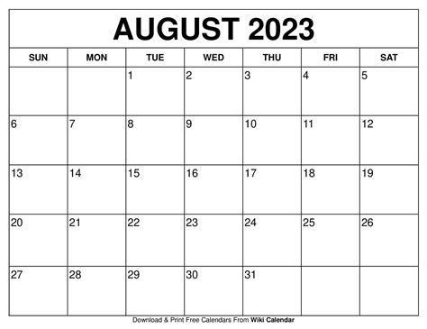 August printable calendar template