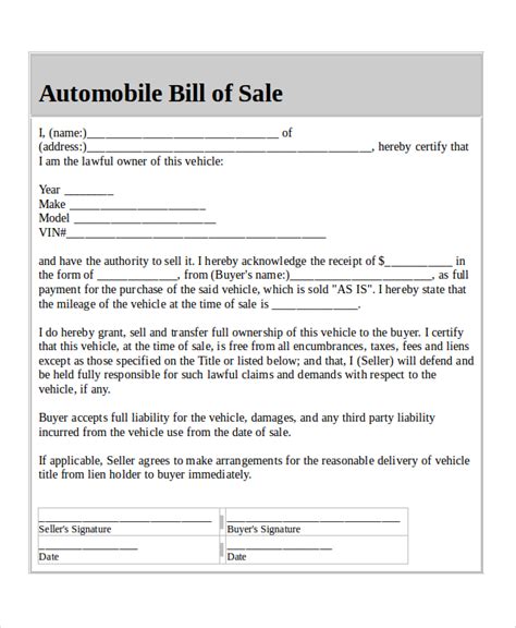 Auto Bill of Sale Example