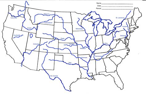 Blank US Map with Rivers and Lakes