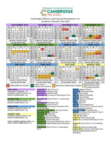 Cambridge School Calendar Overview