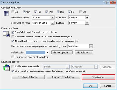 Changing Outlook Shared Calendar Time Zone