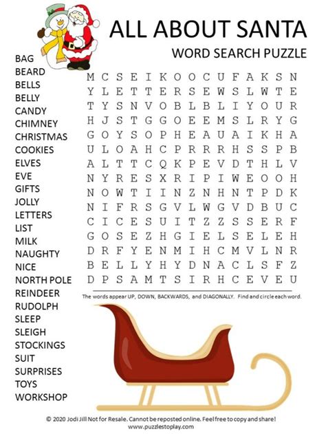 Christmas Word Search Printables Santa Claus