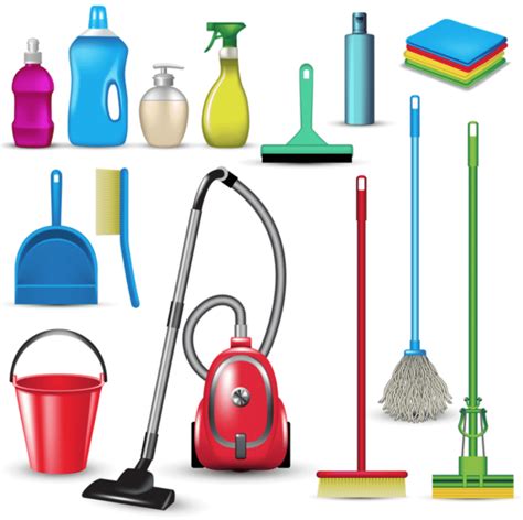 Cleaning tools and materials laid out on a table