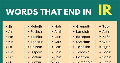 Common words ending with ir