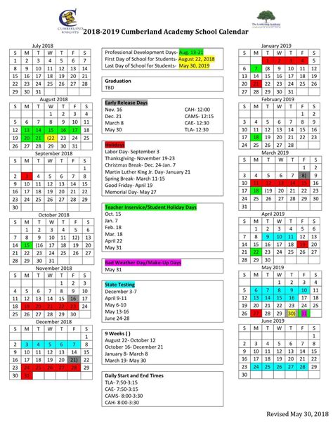 Cumberland School Calendar Examples