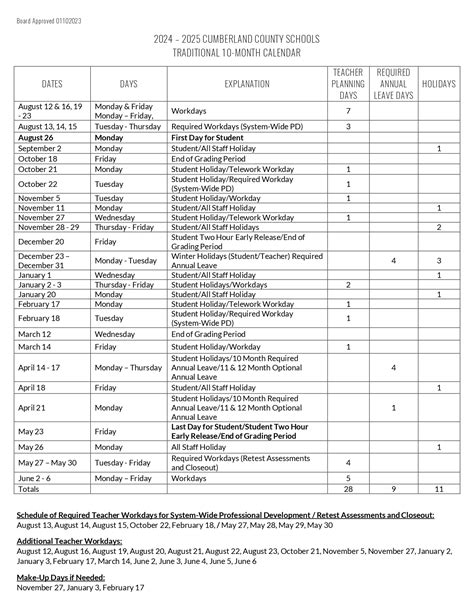 Cumberland School Calendar Examples