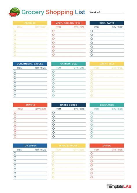 Customizable grocery list template