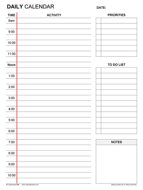 Daily printable calendar