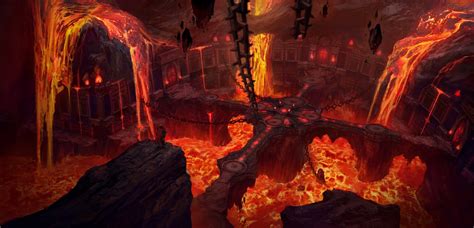 A fiery lava-filled room in a dungeon