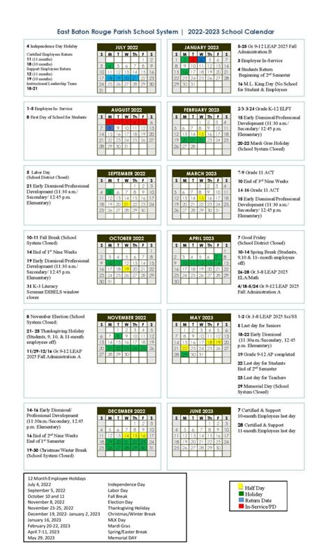 EBR Schools Calendar Printable