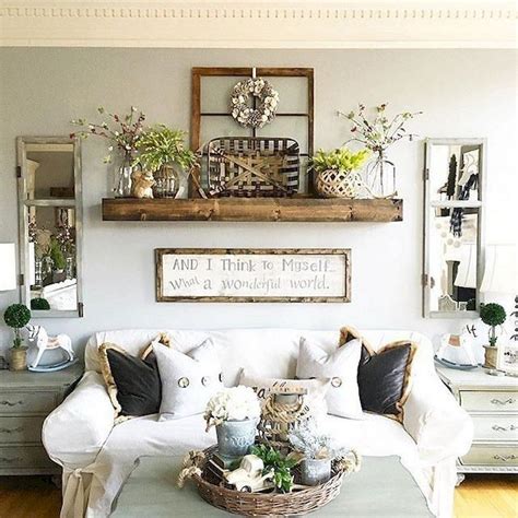 A cozy farmhouse living room with a warm color palette