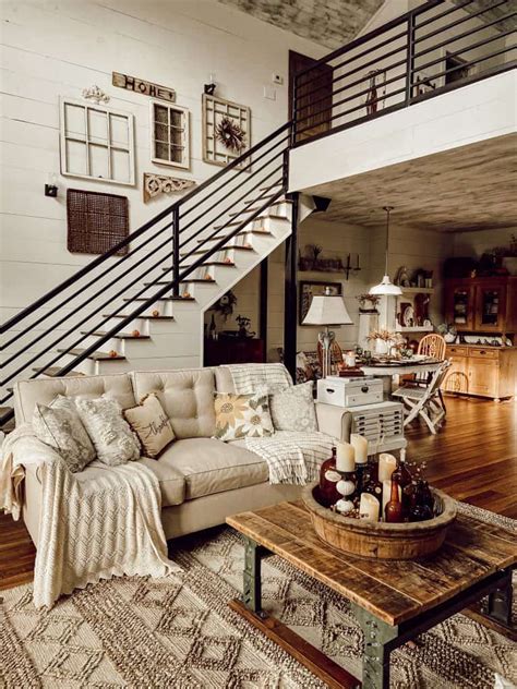 A rustic farmhouse living room with a warm color palette