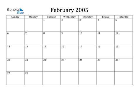 February 2005 Calendar