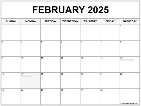 February 2025 calendar features