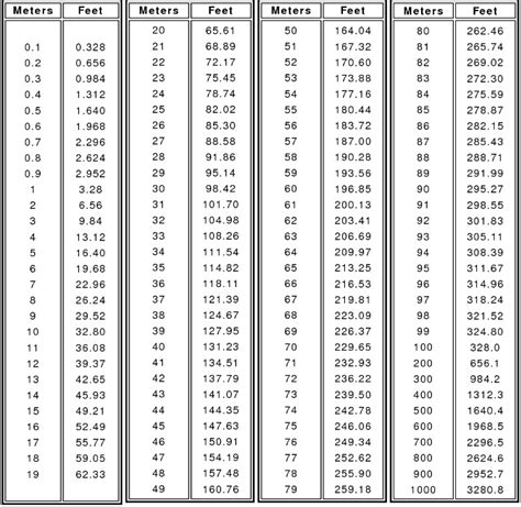 Feet to Meters Conversion Table