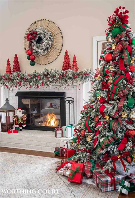 Festive red and green decorations create a joyful atmosphere.