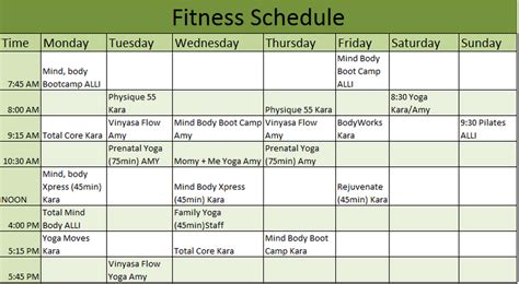 Fitness Schedule Template