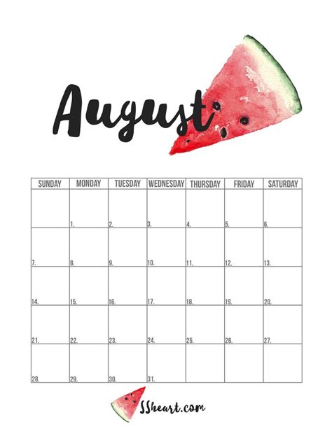 Free August Calendar Printable