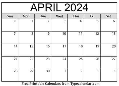 Free Printable April Calendar