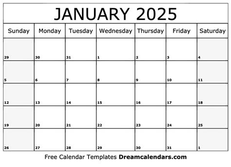 Free Printable January 2025 Calendar