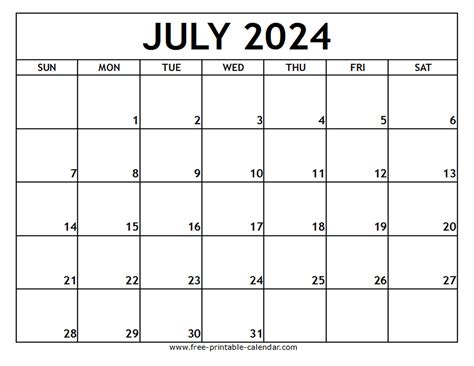 Free Printable July Calendar