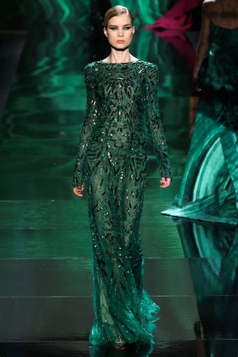 Luxury evening gown with gold and green embroidery