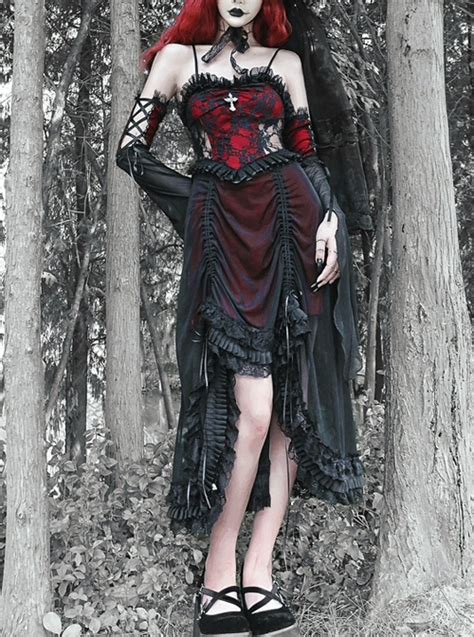 A gothic-inspired fashion design featuring red and black hues