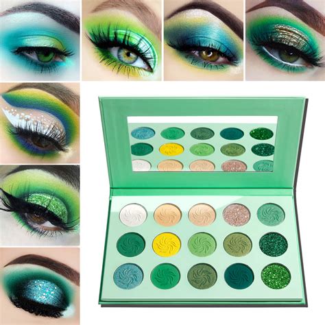 A green eye palette with various shades of eyeshadow