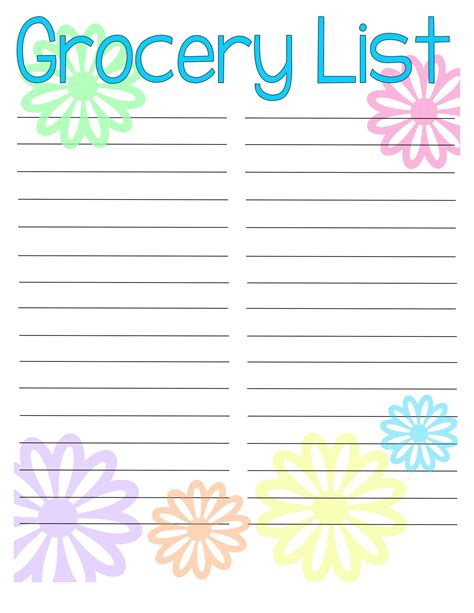 Grocery list printable template