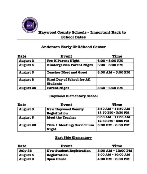 Haywood County Schools Key Dates