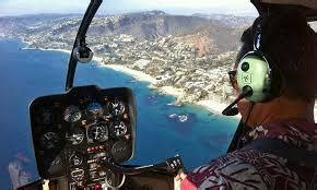 A bird's-eye view of a helicopter flying through the skies, with a landscape unfolding below