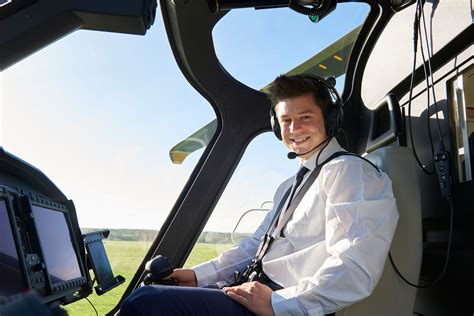 A helicopter pilot flying the aircraft, with a confident and focused expression