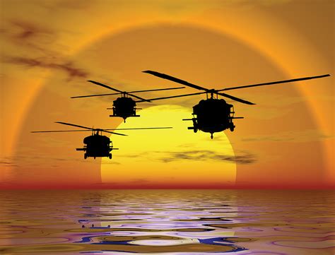 A helicopter flying through the skies at sunset, with a sense of peace and tranquility