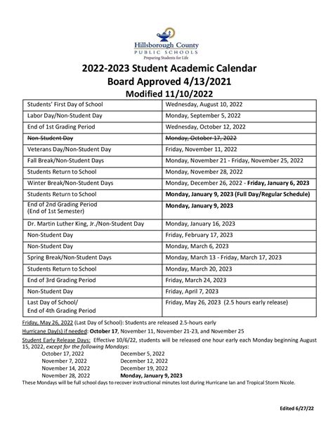 Hillsborough Schools Day Off Calendar