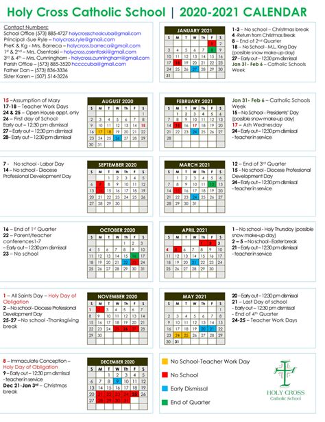 Holy Cross School Calendar Overview