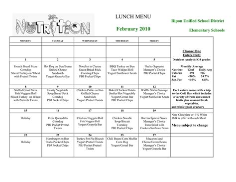 Implementing School Lunch Calendar