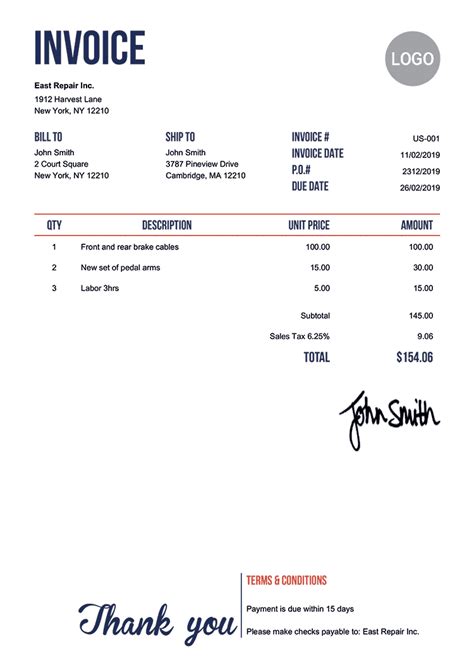 Description of Invoice Template Features