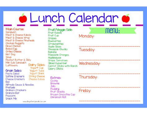 Description of lunch calendar ideas for Jackson