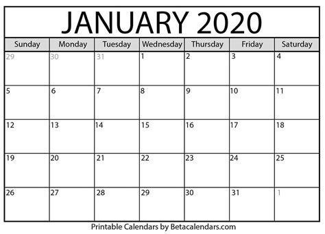 January 20 2020 Calendar