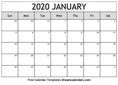 January 20 2020 Calendar