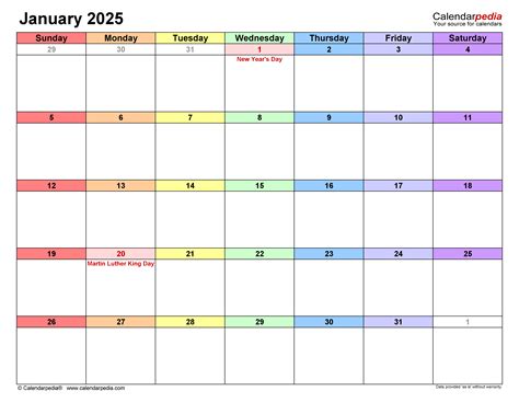 January 2025 Calendar Template Word