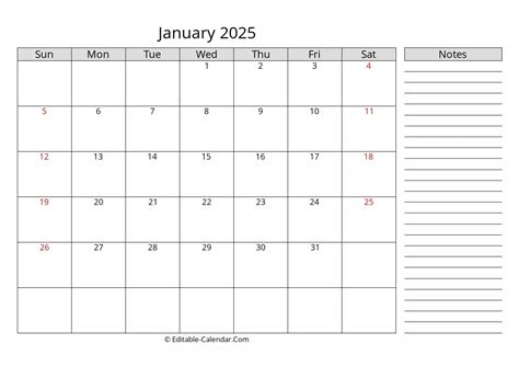 January 2025 Calendar with Notes