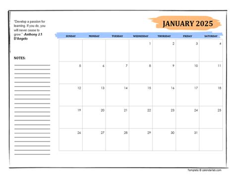 January 2025 printable calendar with space for notes