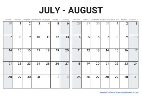 July August Calendar