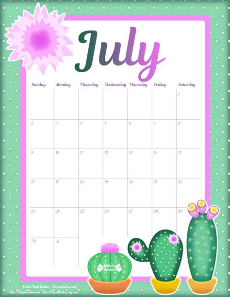 July Calendar Printable