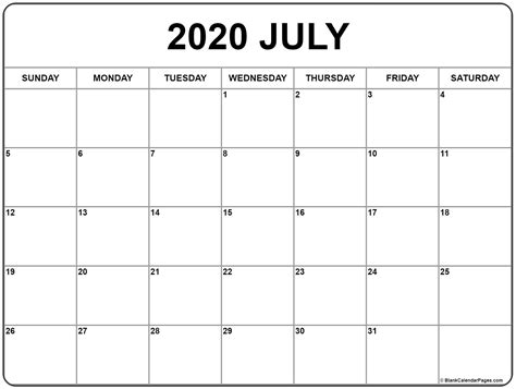 July Printable Calendar 2020