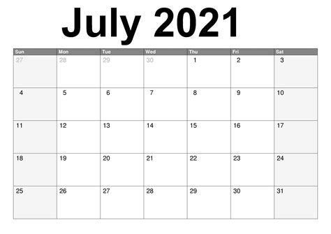 July Printable Calendar 2021