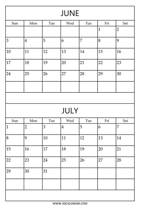 June July Calendar Templates