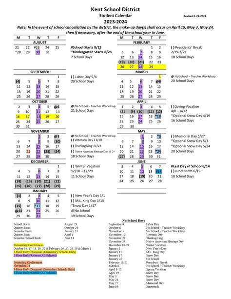 Kent School District Calendar Overview